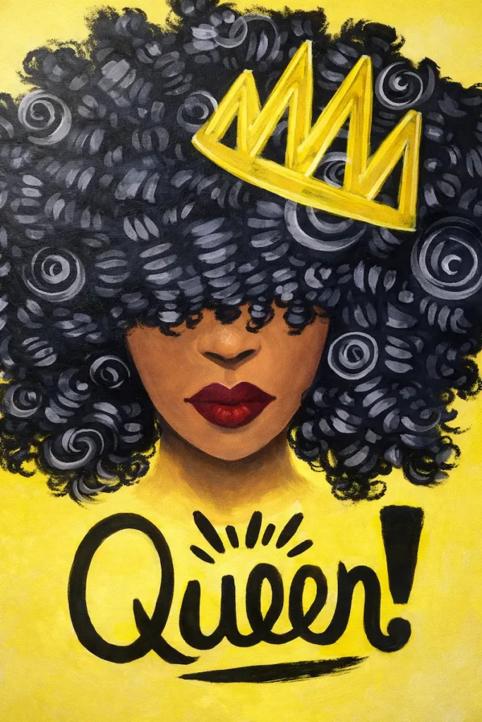 Portrait of woman with crown, "Queen" text.