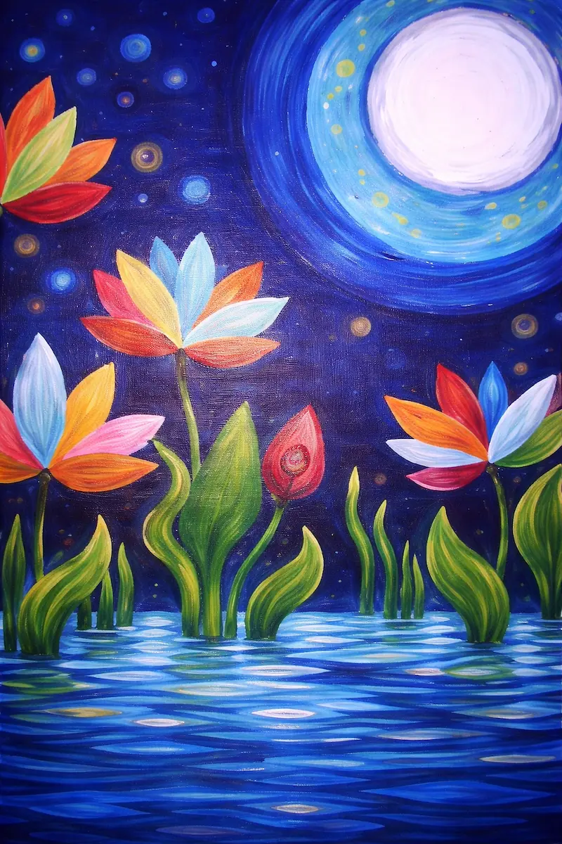 Colorful flowers under moonlit night sky.