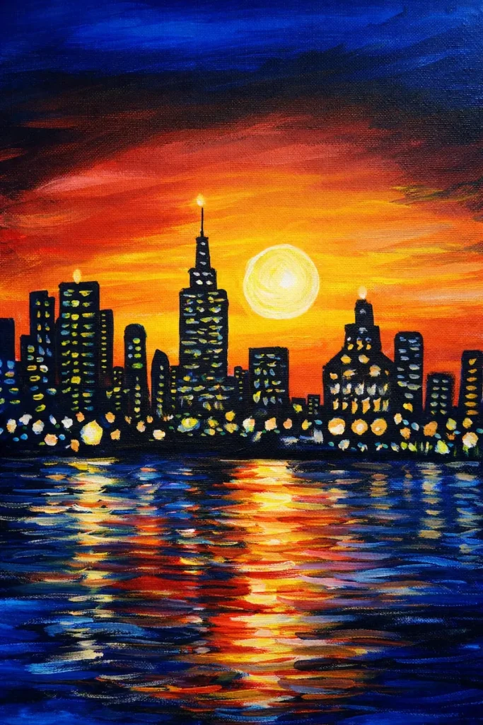 Colorful cityscape painting at sunset over water.
