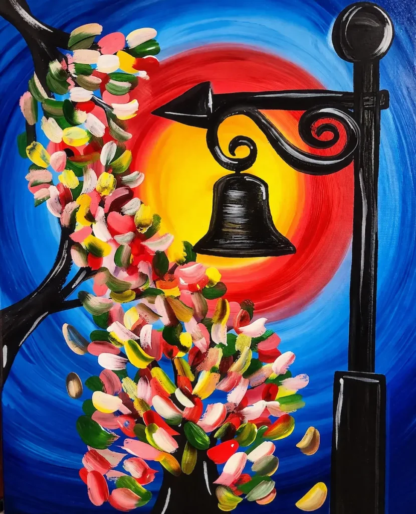 Colorful tree and bell against vibrant sky.