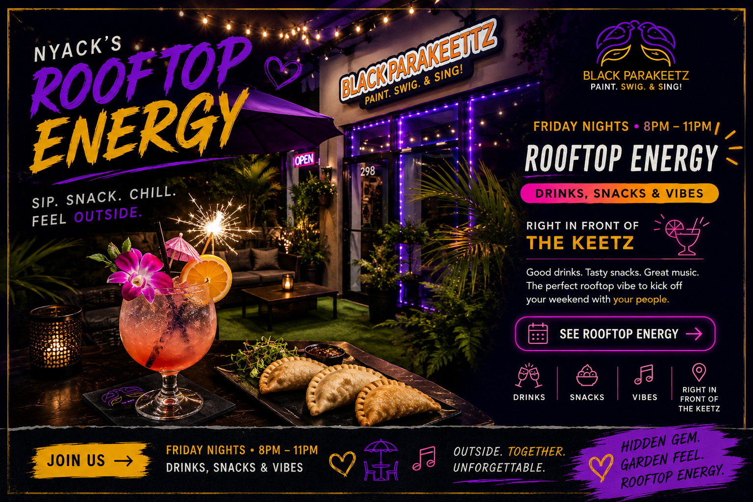 Rooftop Energy at Black Parakeetz with summer drinks and light snacks