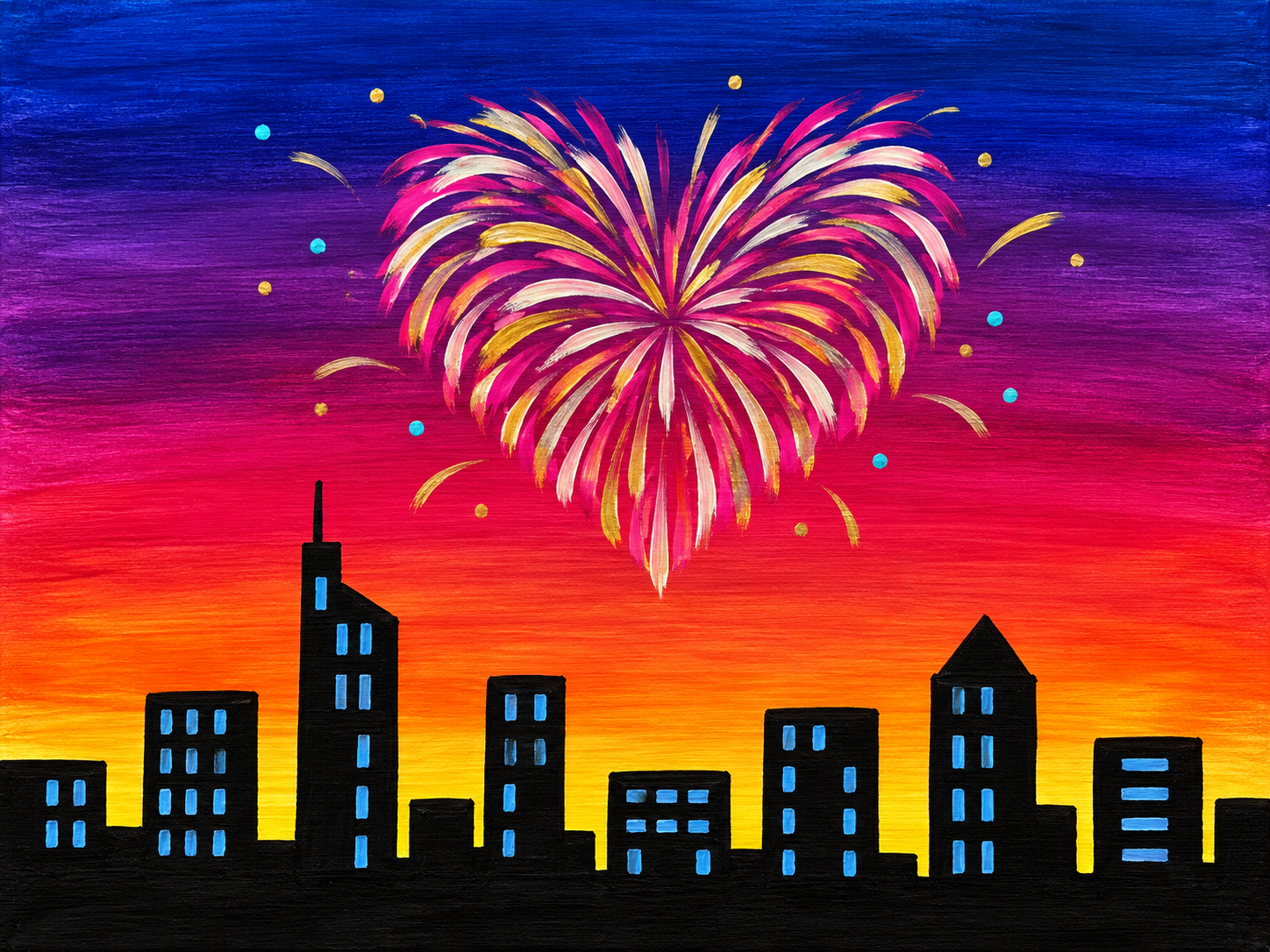 Heart-shaped firework over city skyline
